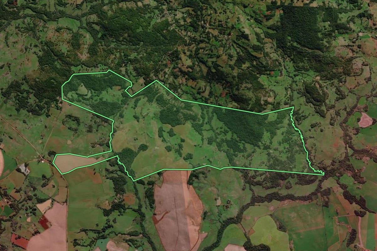 Imagem de satélite do imóvel rural em Dezesseis de Novembro (RS), com o contorno declarado no CAR desenhado por cima.