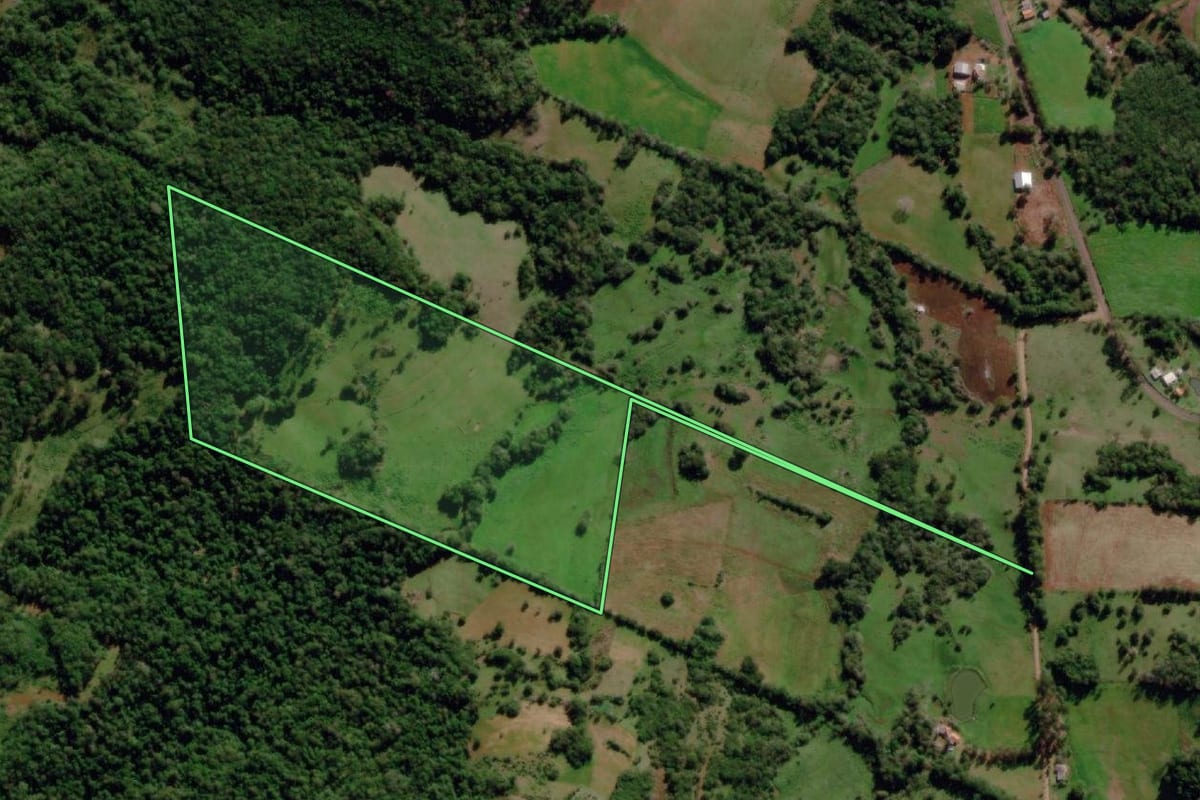 Imagem de satélite do imóvel rural em Dezesseis de Novembro (RS), com o contorno declarado no CAR desenhado por cima.