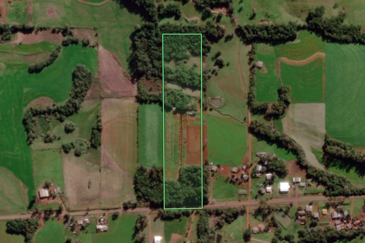 Imagem de satélite do imóvel rural em Dezesseis de Novembro (RS), com o contorno declarado no CAR desenhado por cima.