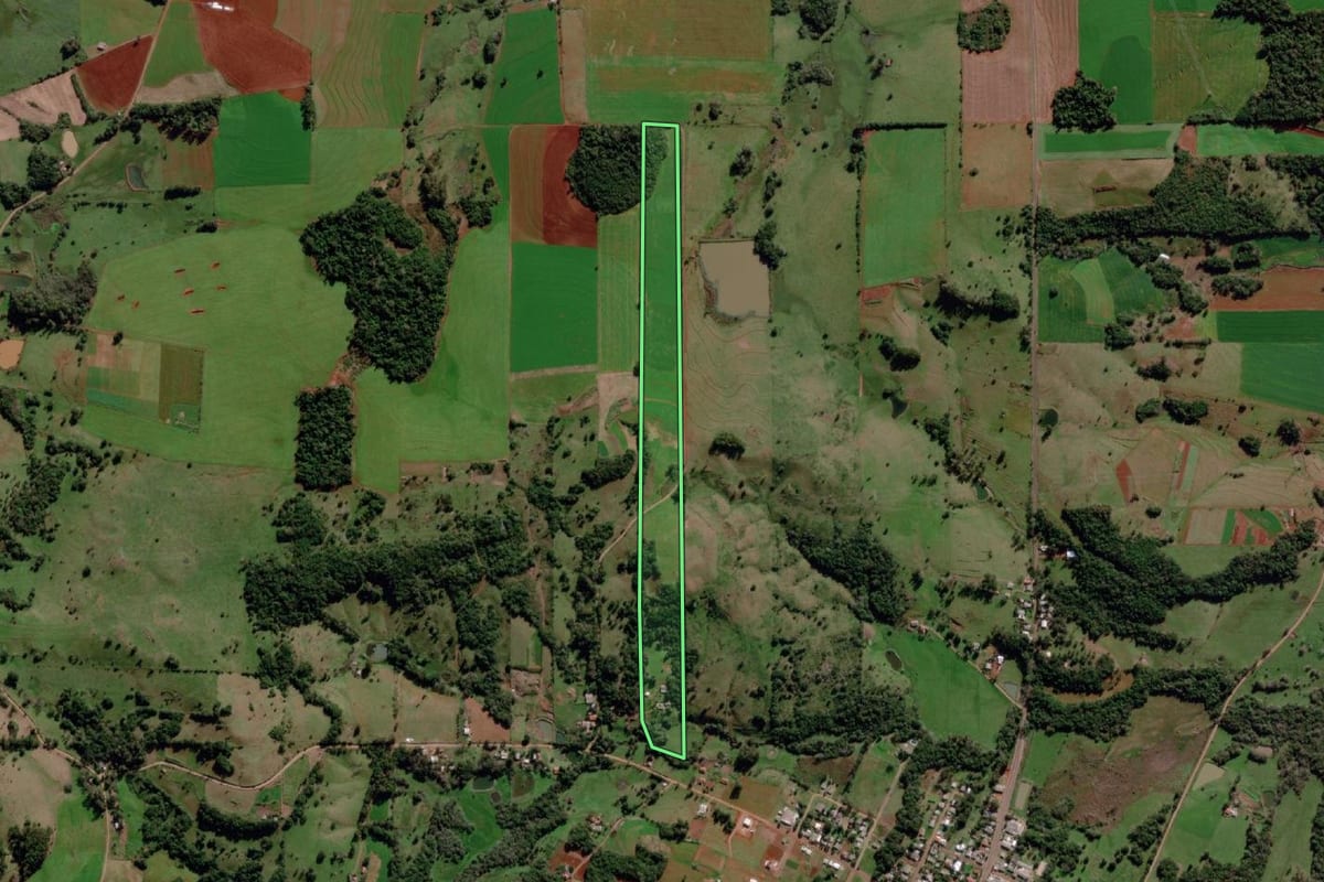 Imagem de satélite do imóvel rural em Dezesseis de Novembro (RS), com o contorno declarado no CAR desenhado por cima.
