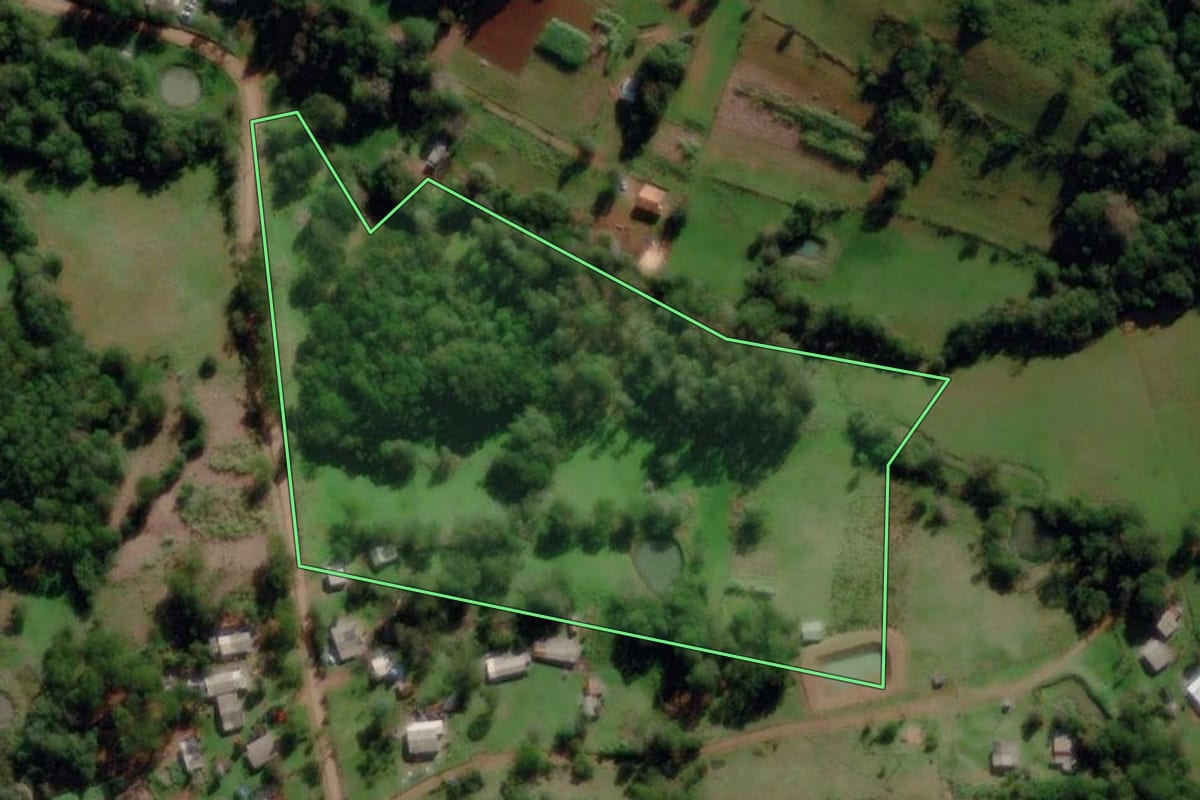 Imagem de satélite do imóvel rural em Dezesseis de Novembro (RS), com o contorno declarado no CAR desenhado por cima.