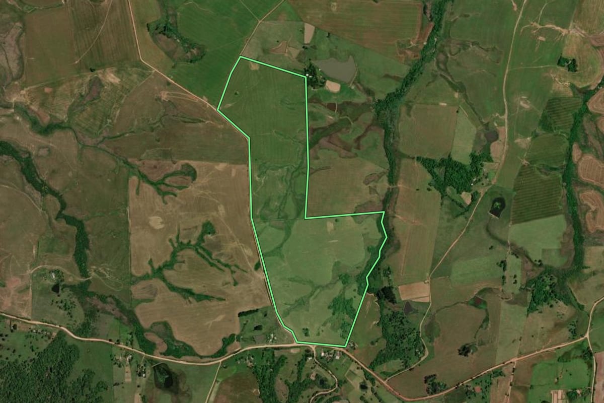 Imagem de satélite do imóvel rural em Dilermando de Aguiar (RS), com o contorno declarado no CAR desenhado por cima.
