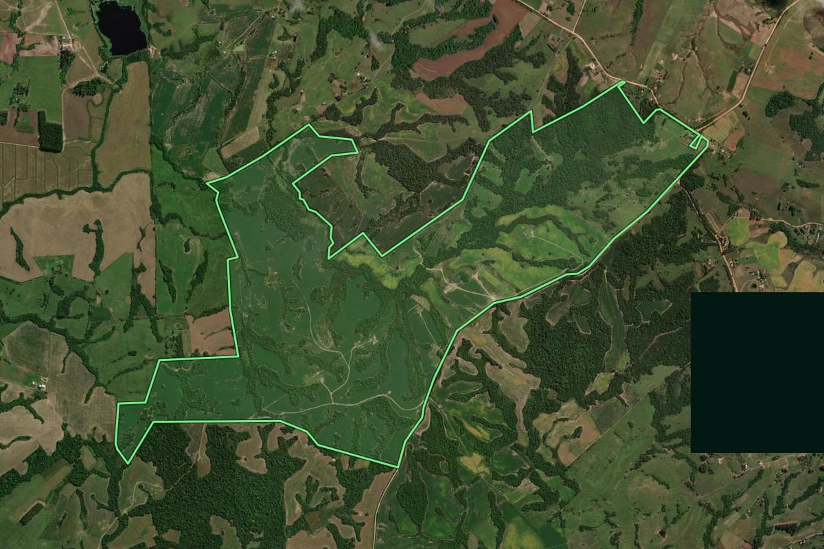Imagem de satélite do imóvel rural em Dilermando de Aguiar (RS), com o contorno declarado no CAR desenhado por cima.