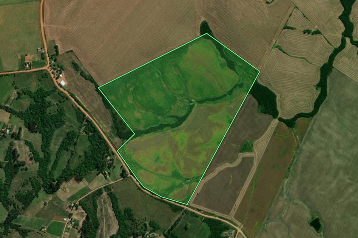 Imagem de satélite do imóvel rural em Dilermando de Aguiar (RS), com o contorno declarado no CAR desenhado por cima.