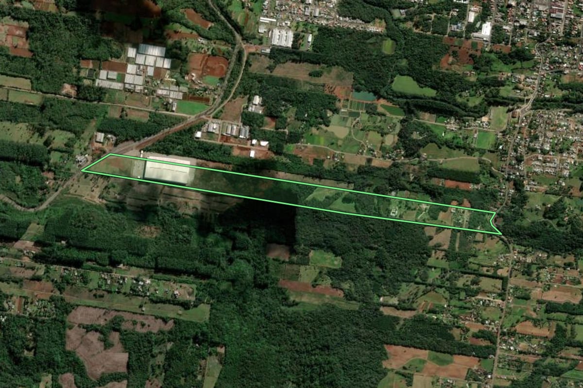 Imagem de satélite do imóvel rural em Dois Irmãos (RS), com o contorno declarado no CAR desenhado por cima.
