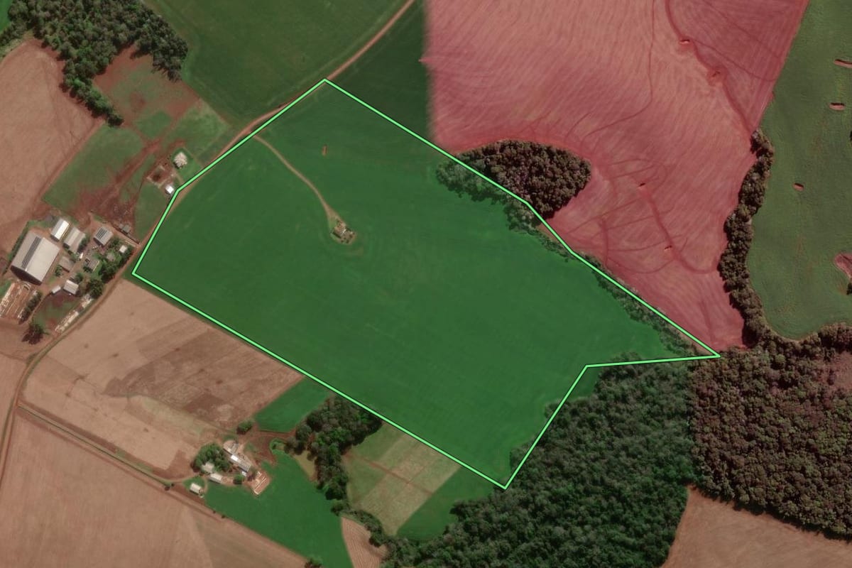 Imagem de satélite do imóvel rural em Dois Irmãos das Missões (RS), com o contorno declarado no CAR desenhado por cima.