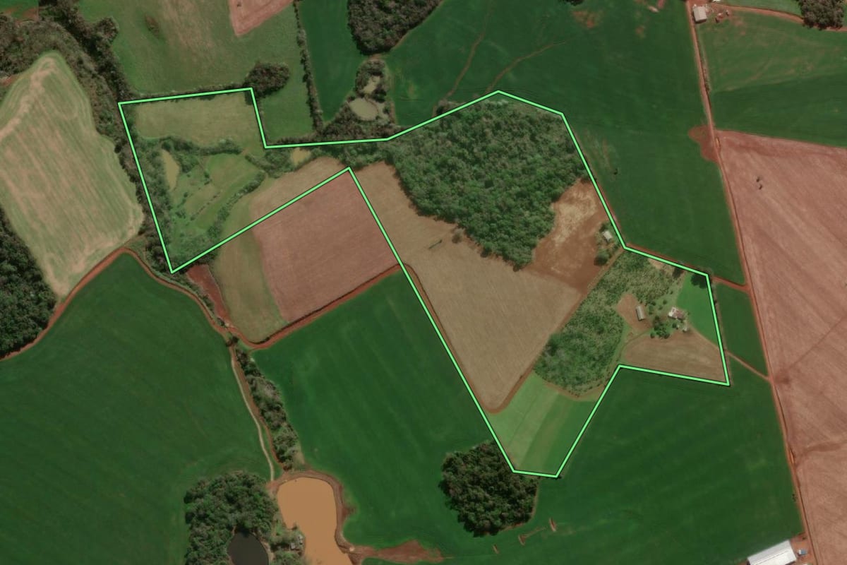 Imagem de satélite do imóvel rural em Dois Irmãos das Missões (RS), com o contorno declarado no CAR desenhado por cima.