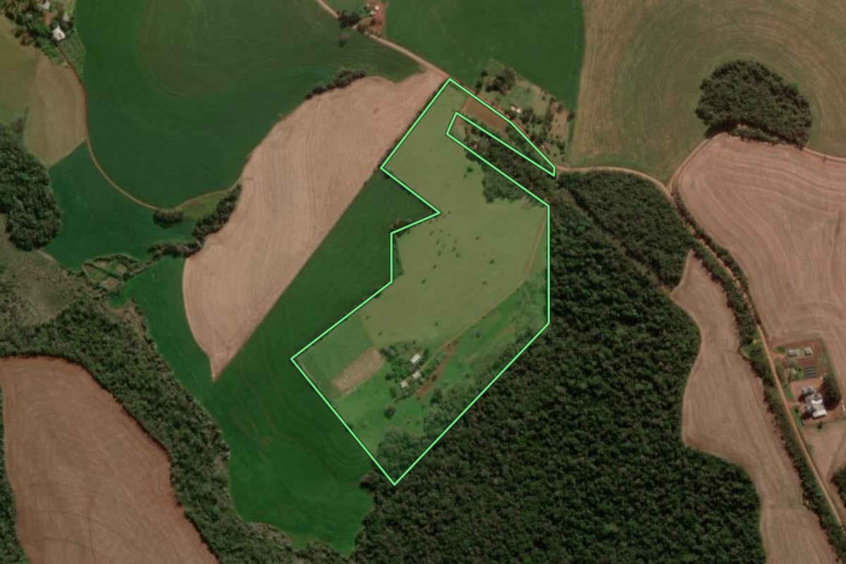 Imagem de satélite do imóvel rural em Dois Irmãos das Missões (RS), com o contorno declarado no CAR desenhado por cima.