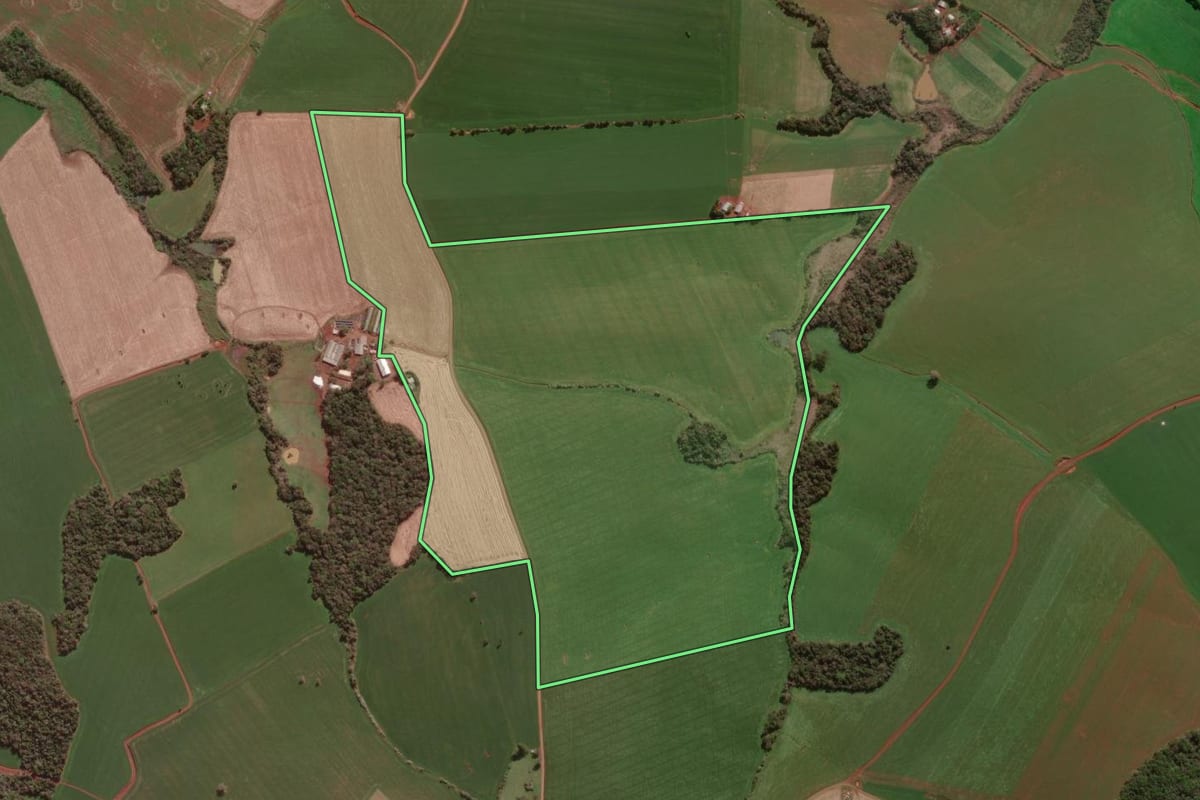Imagem de satélite do imóvel rural em Dois Irmãos das Missões (RS), com o contorno declarado no CAR desenhado por cima.