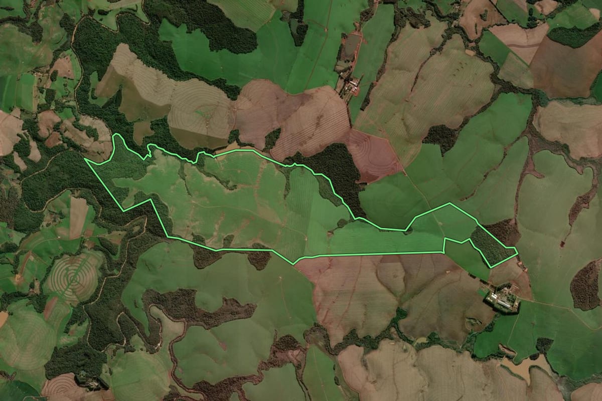 Imagem de satélite do imóvel rural em Dois Irmãos das Missões (RS), com o contorno declarado no CAR desenhado por cima.