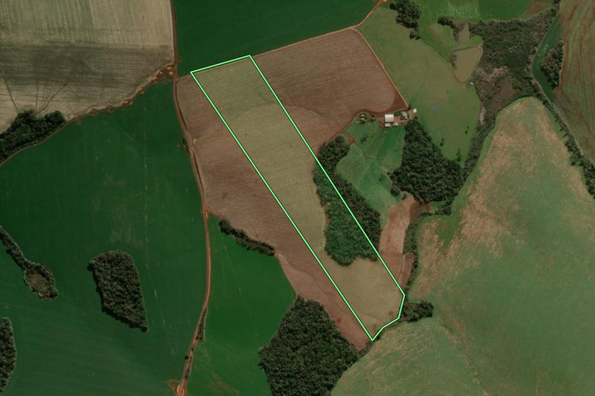 Imagem de satélite do imóvel rural em Dois Irmãos das Missões (RS), com o contorno declarado no CAR desenhado por cima.