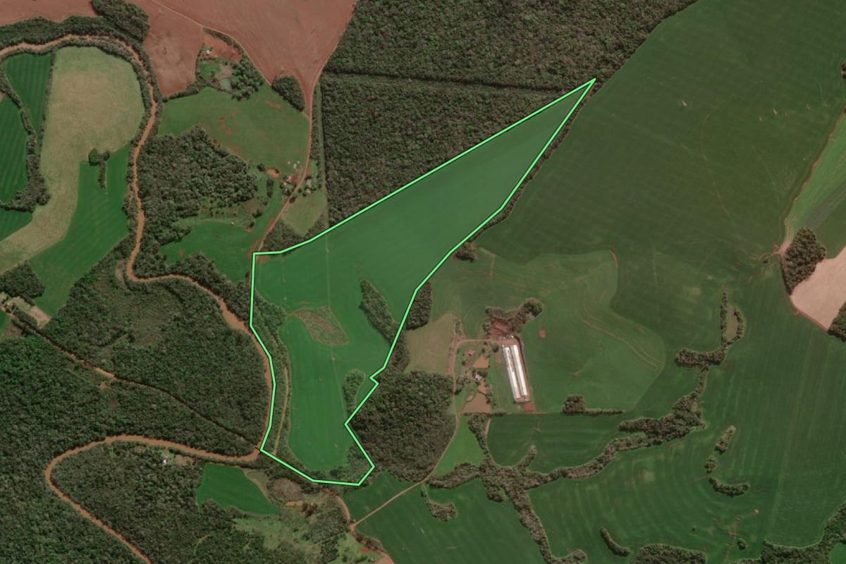 Imagem de satélite do imóvel rural em Dois Irmãos das Missões (RS), com o contorno declarado no CAR desenhado por cima.