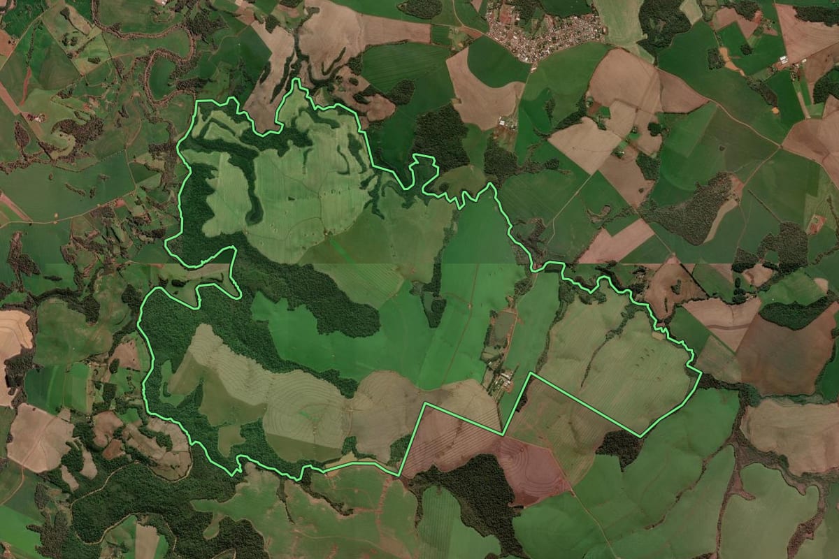 Imagem de satélite do imóvel rural em Dois Irmãos das Missões (RS), com o contorno declarado no CAR desenhado por cima.
