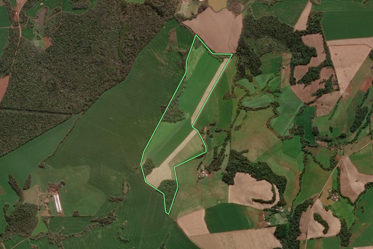 Imagem de satélite do imóvel rural em Dois Irmãos das Missões (RS), com o contorno declarado no CAR desenhado por cima.