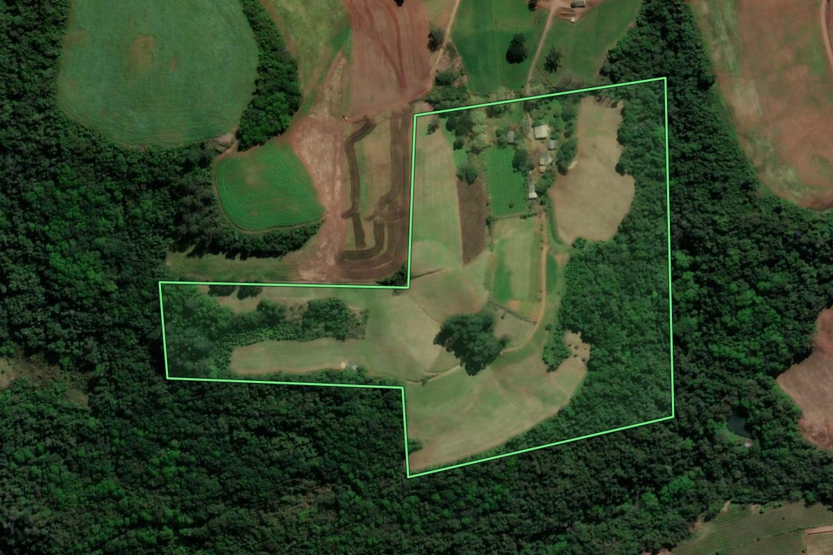 Imagem de satélite do imóvel rural em Dois Lajeados (RS), com o contorno declarado no CAR desenhado por cima.