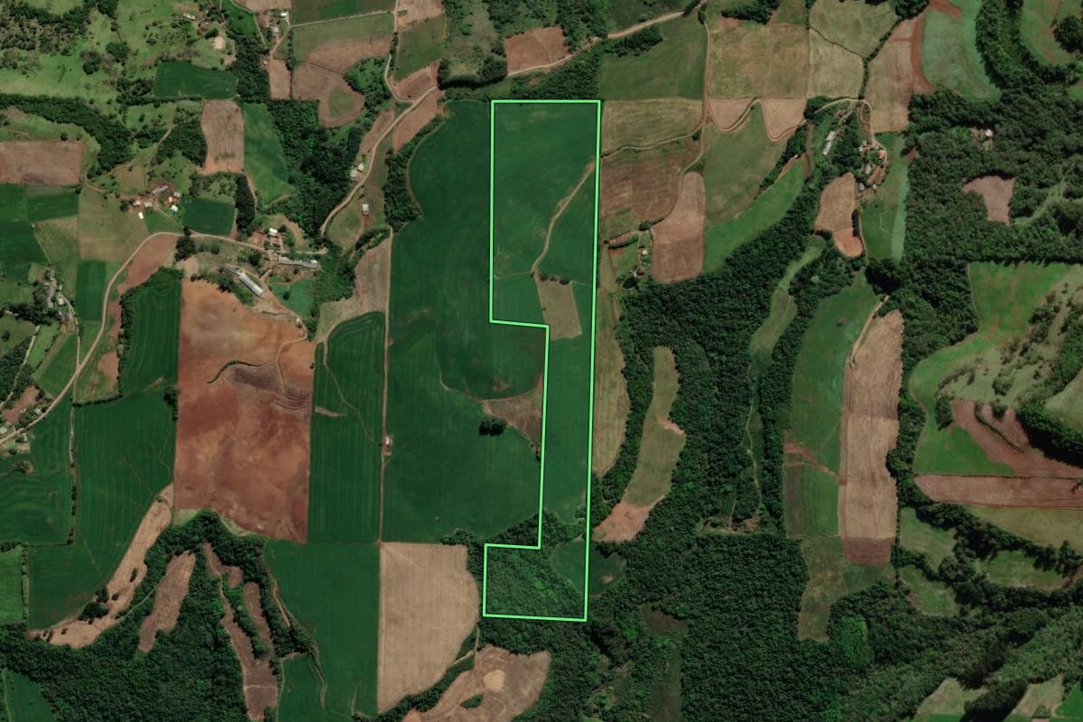 Imagem de satélite do imóvel rural em Dois Lajeados (RS), com o contorno declarado no CAR desenhado por cima.