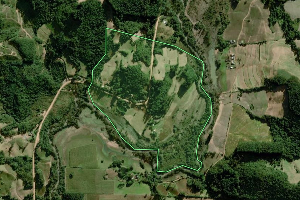 Imagem de satélite do imóvel rural em Dom Feliciano (RS), com o contorno declarado no CAR desenhado por cima.