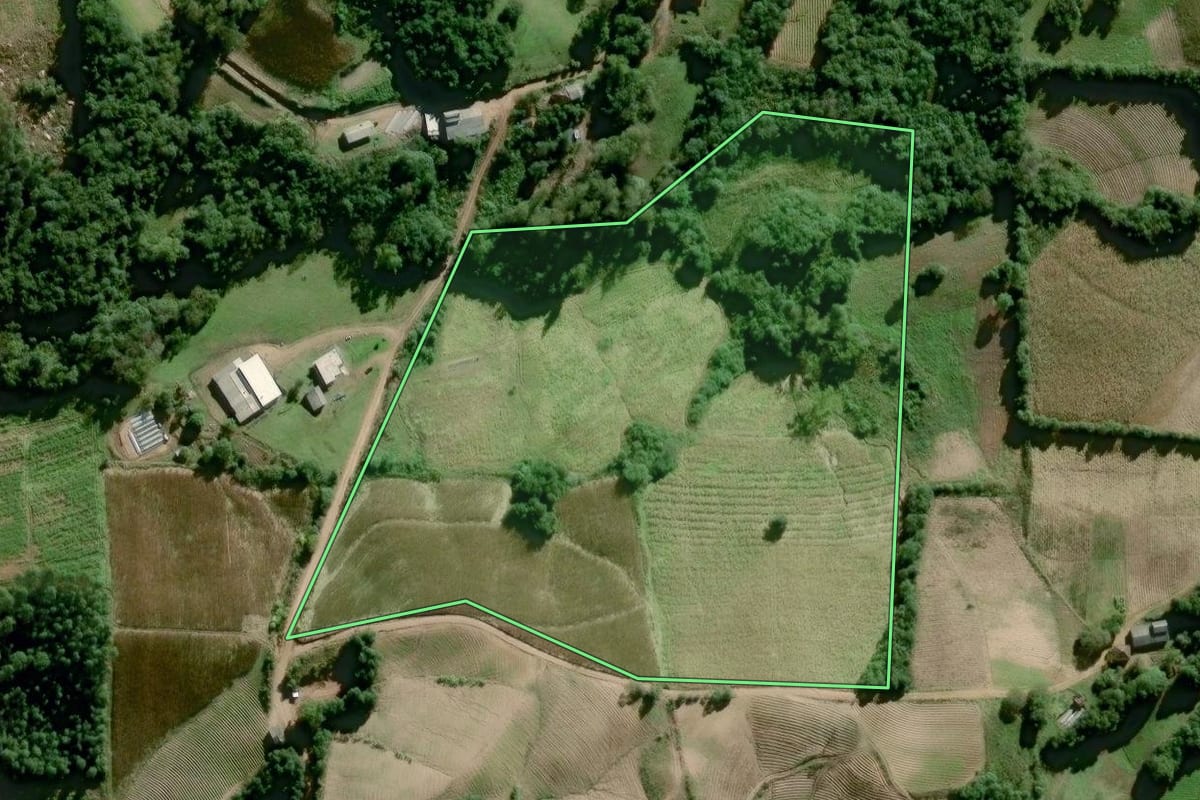 Imagem de satélite do imóvel rural em Dom Feliciano (RS), com o contorno declarado no CAR desenhado por cima.