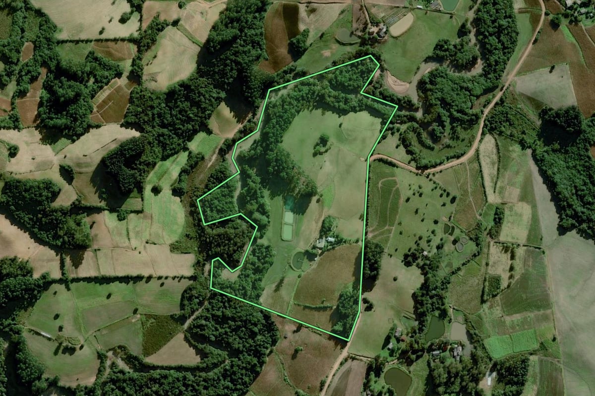 Imagem de satélite do imóvel rural em Dom Feliciano (RS), com o contorno declarado no CAR desenhado por cima.