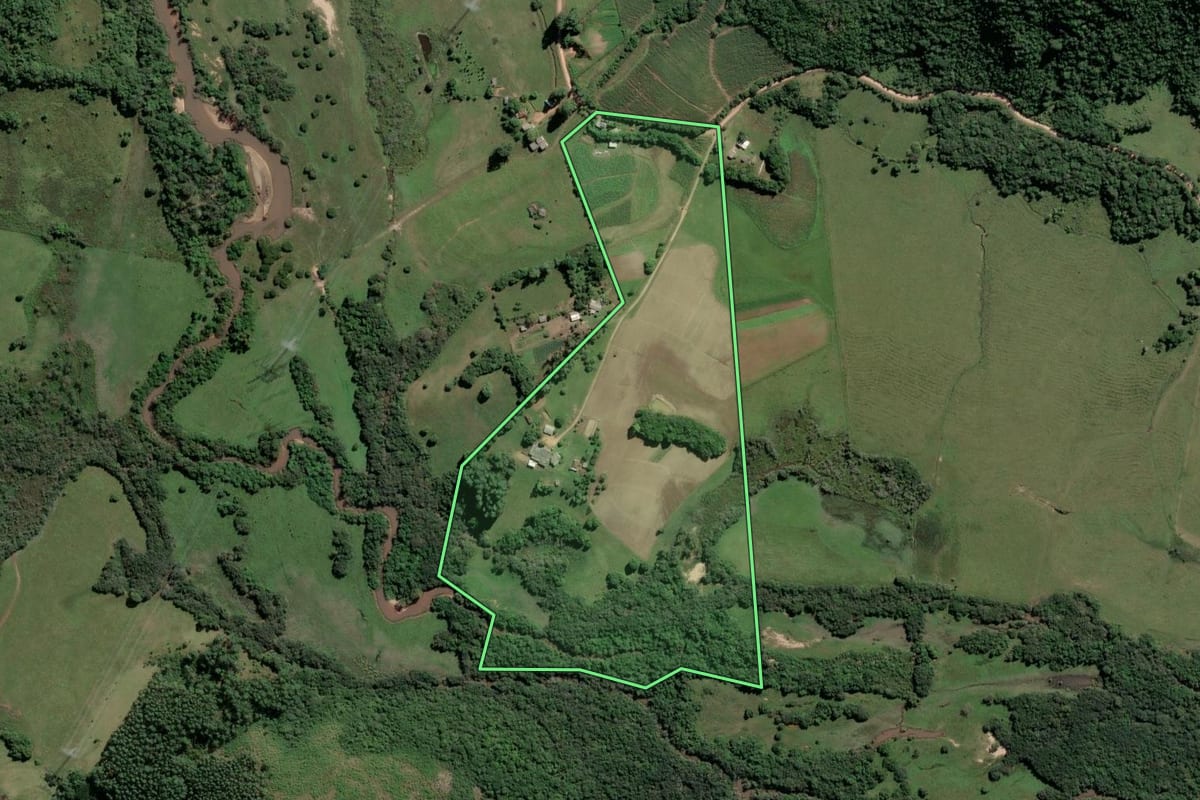 Imagem de satélite do imóvel rural em Dom Feliciano (RS), com o contorno declarado no CAR desenhado por cima.