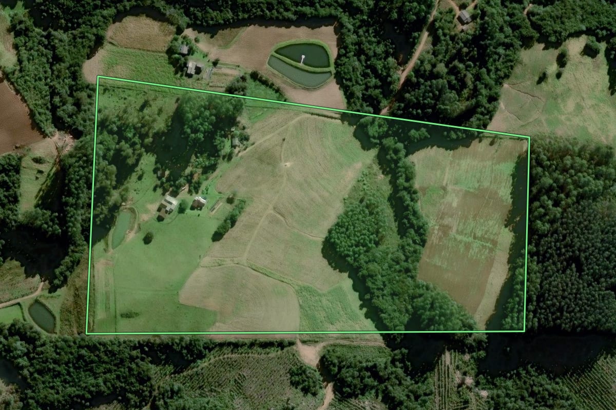 Imagem de satélite do imóvel rural em Dom Feliciano (RS), com o contorno declarado no CAR desenhado por cima.