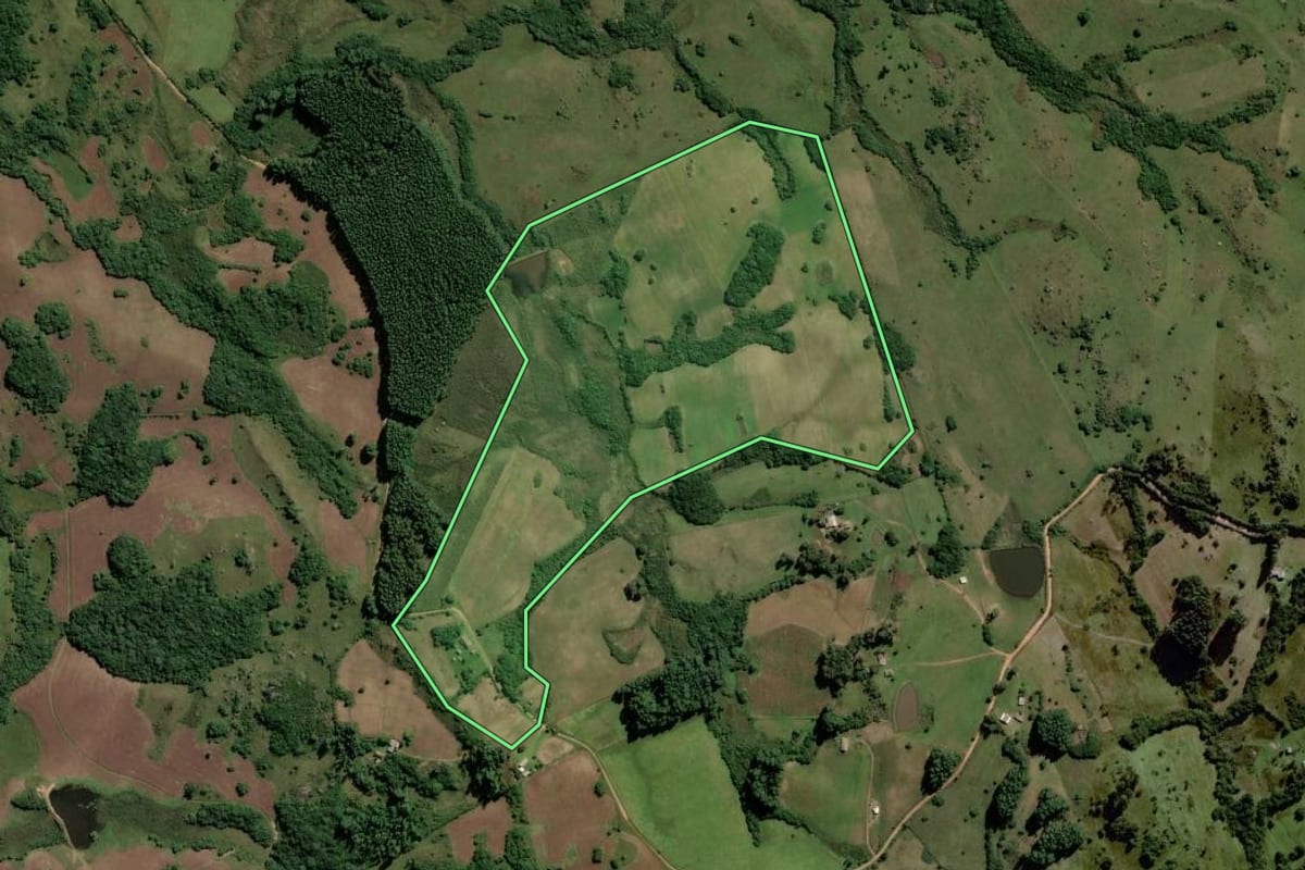 Imagem de satélite do imóvel rural em Dom Feliciano (RS), com o contorno declarado no CAR desenhado por cima.