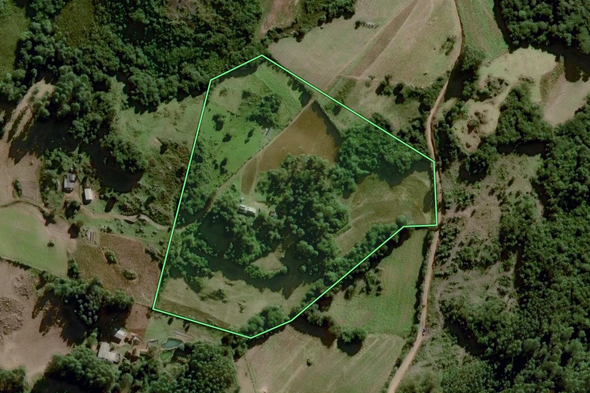 Imagem de satélite do imóvel rural em Dom Feliciano (RS), com o contorno declarado no CAR desenhado por cima.
