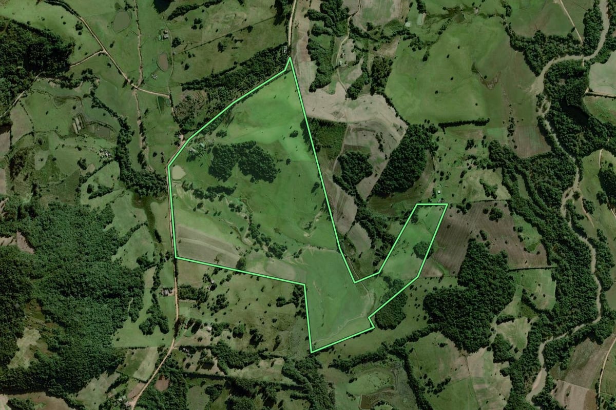 Imagem de satélite do imóvel rural em Dom Feliciano (RS), com o contorno declarado no CAR desenhado por cima.