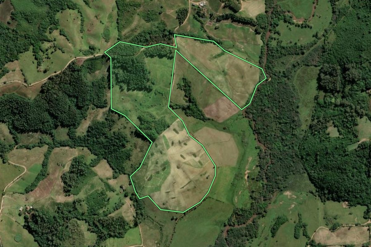 Imagem de satélite do imóvel rural em Dom Feliciano (RS), com o contorno declarado no CAR desenhado por cima.