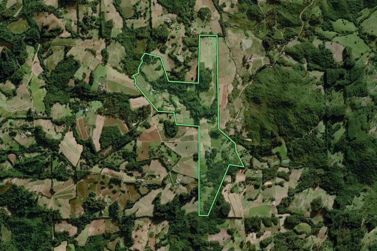 Imagem de satélite do imóvel rural em Dom Feliciano (RS), com o contorno declarado no CAR desenhado por cima.