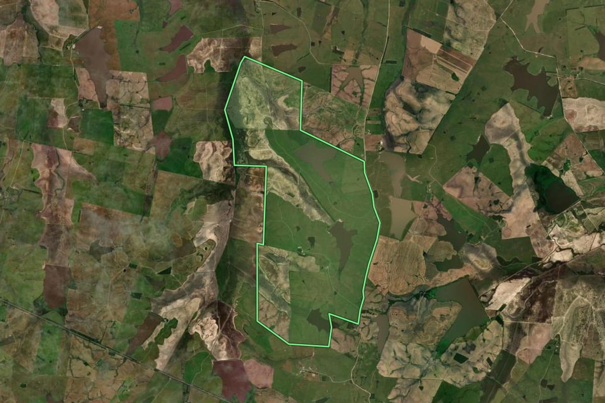 Imagem de satélite do imóvel rural em Dom Pedrito (RS), com o contorno declarado no CAR desenhado por cima.