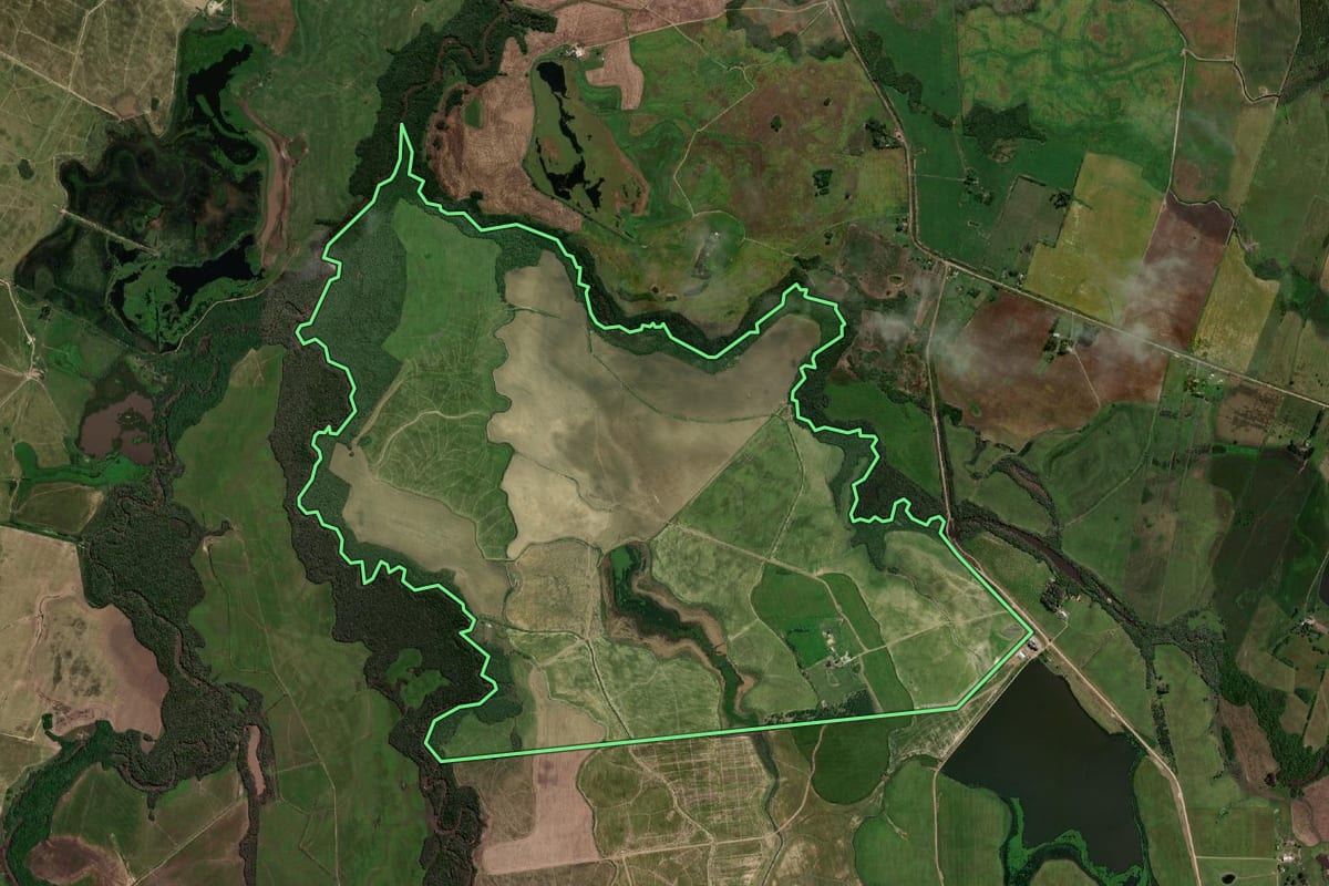 Imagem de satélite do imóvel rural em Dom Pedrito (RS), com o contorno declarado no CAR desenhado por cima.