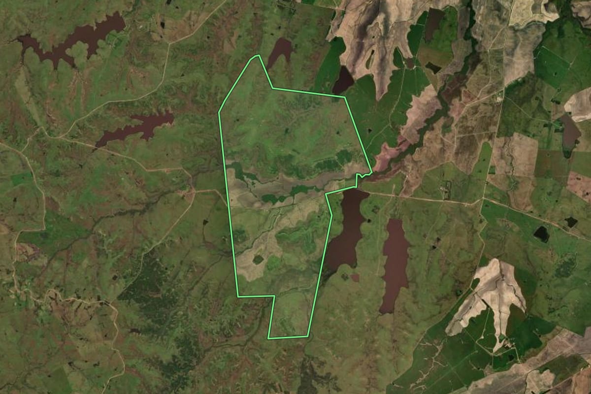 Imagem de satélite do imóvel rural em Dom Pedrito (RS), com o contorno declarado no CAR desenhado por cima.