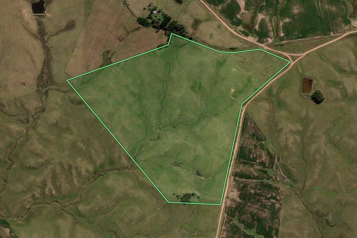 Imagem de satélite do imóvel rural em Dom Pedrito (RS), com o contorno declarado no CAR desenhado por cima.