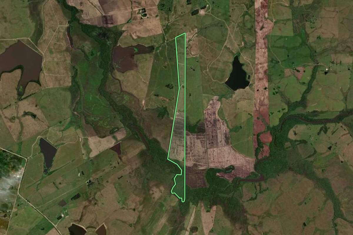 Imagem de satélite do imóvel rural em Dom Pedrito (RS), com o contorno declarado no CAR desenhado por cima.