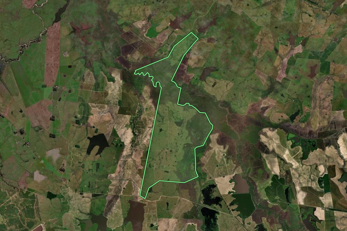 Imagem de satélite do imóvel rural em Dom Pedrito (RS), com o contorno declarado no CAR desenhado por cima.