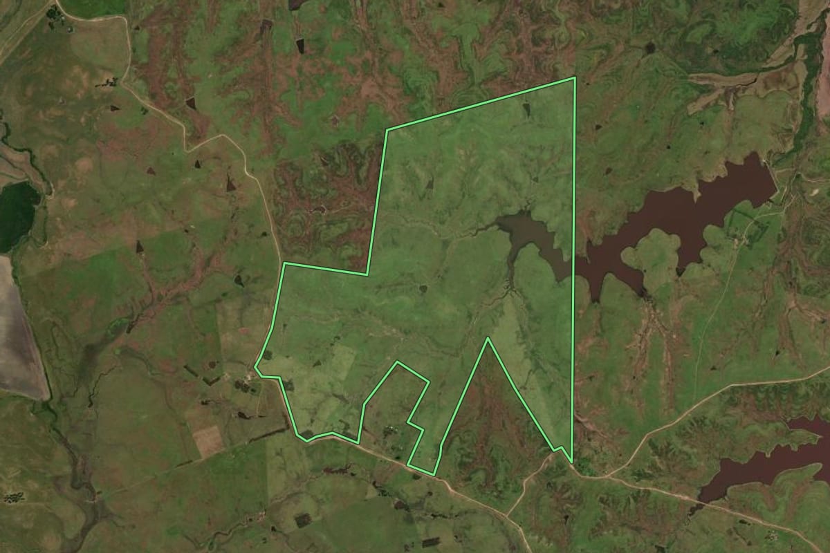 Imagem de satélite do imóvel rural em Dom Pedrito (RS), com o contorno declarado no CAR desenhado por cima.