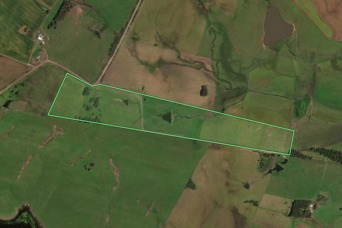 Imagem de satélite do imóvel rural em Dom Pedrito (RS), com o contorno declarado no CAR desenhado por cima.
