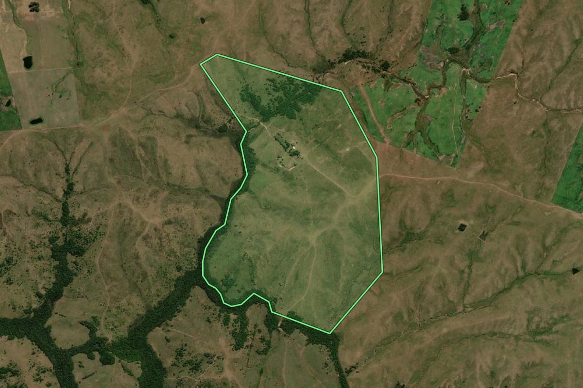 Imagem de satélite do imóvel rural em Dom Pedrito (RS), com o contorno declarado no CAR desenhado por cima.