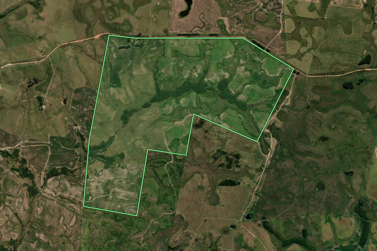 Imagem de satélite do imóvel rural em Dom Pedrito (RS), com o contorno declarado no CAR desenhado por cima.