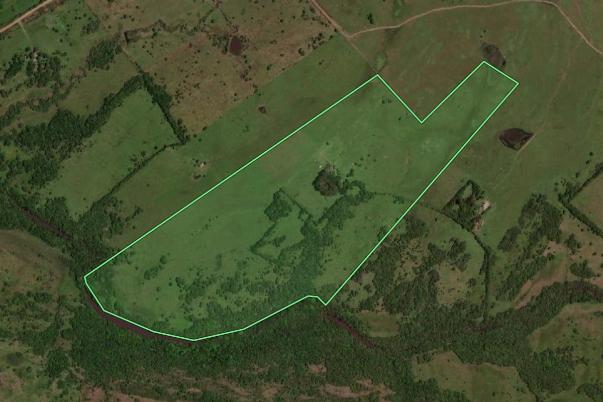 Imagem de satélite do imóvel rural em Dom Pedrito (RS), com o contorno declarado no CAR desenhado por cima.