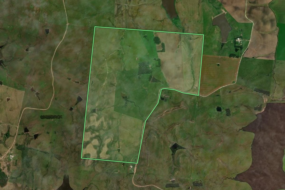 Imagem de satélite do imóvel rural em Dom Pedrito (RS), com o contorno declarado no CAR desenhado por cima.