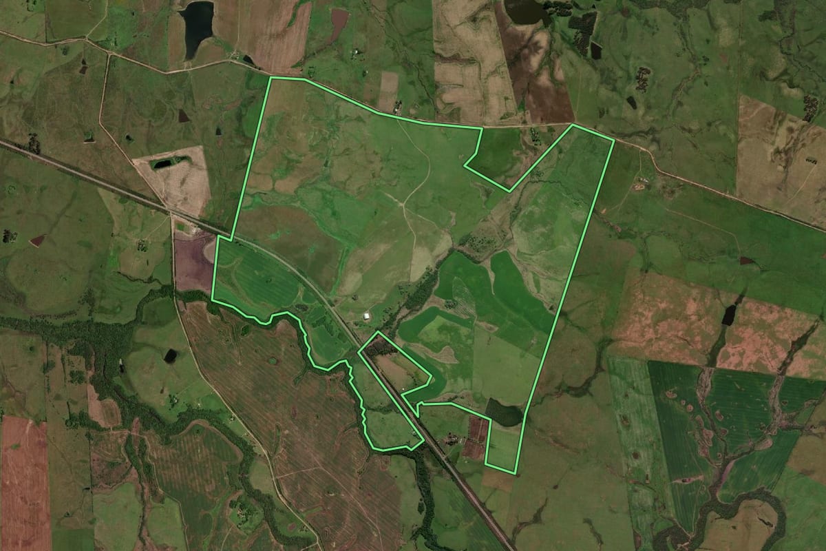 Imagem de satélite do imóvel rural em Dom Pedrito (RS), com o contorno declarado no CAR desenhado por cima.