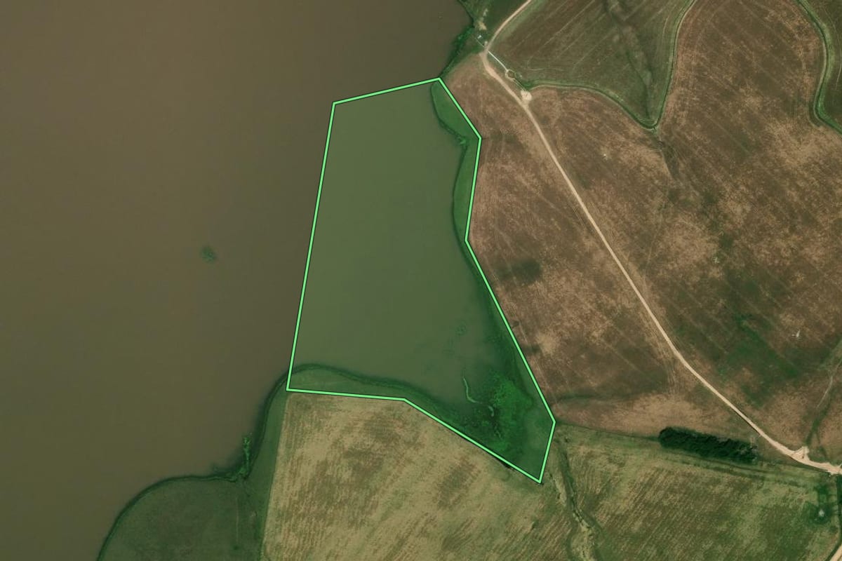 Imagem de satélite do imóvel rural em Dom Pedrito (RS), com o contorno declarado no CAR desenhado por cima.