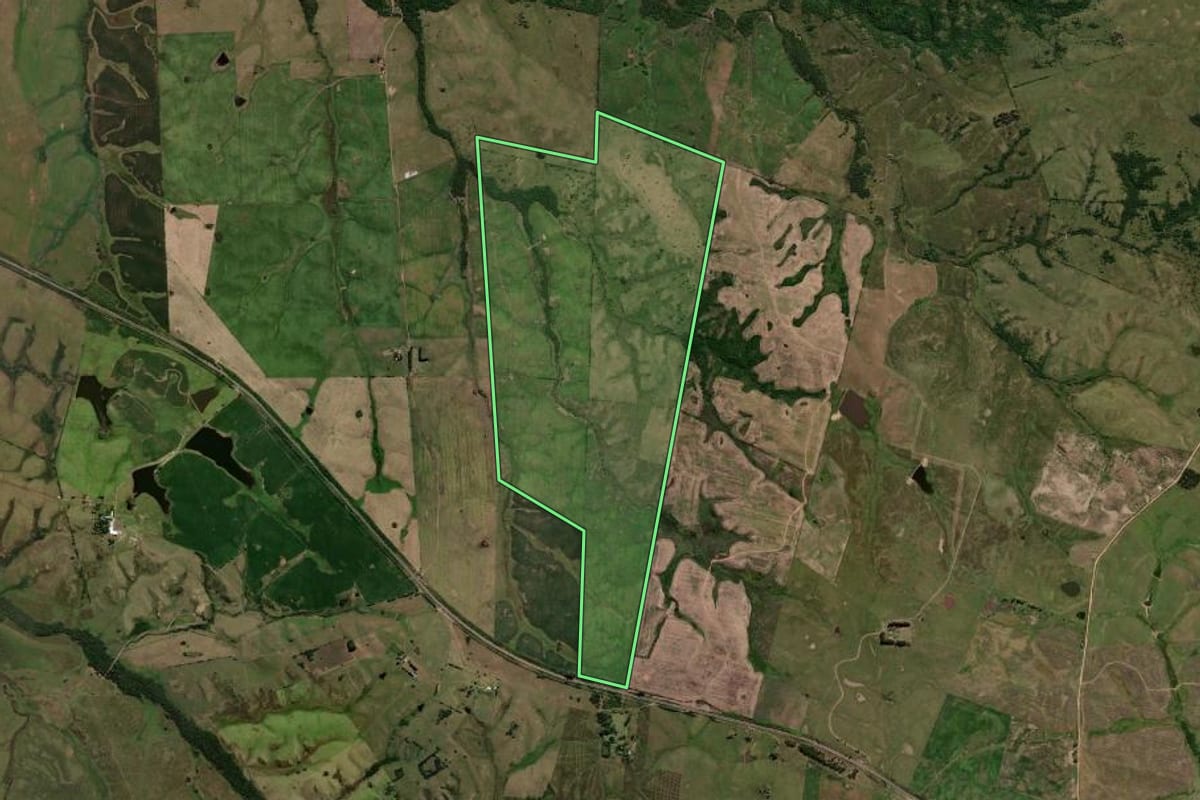 Imagem de satélite do imóvel rural em Dom Pedrito (RS), com o contorno declarado no CAR desenhado por cima.