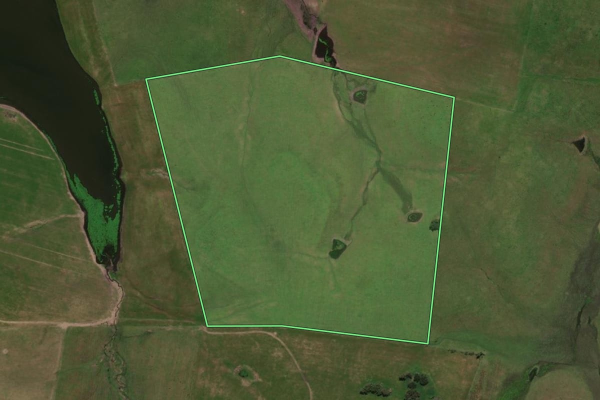 Imagem de satélite do imóvel rural em Dom Pedrito (RS), com o contorno declarado no CAR desenhado por cima.