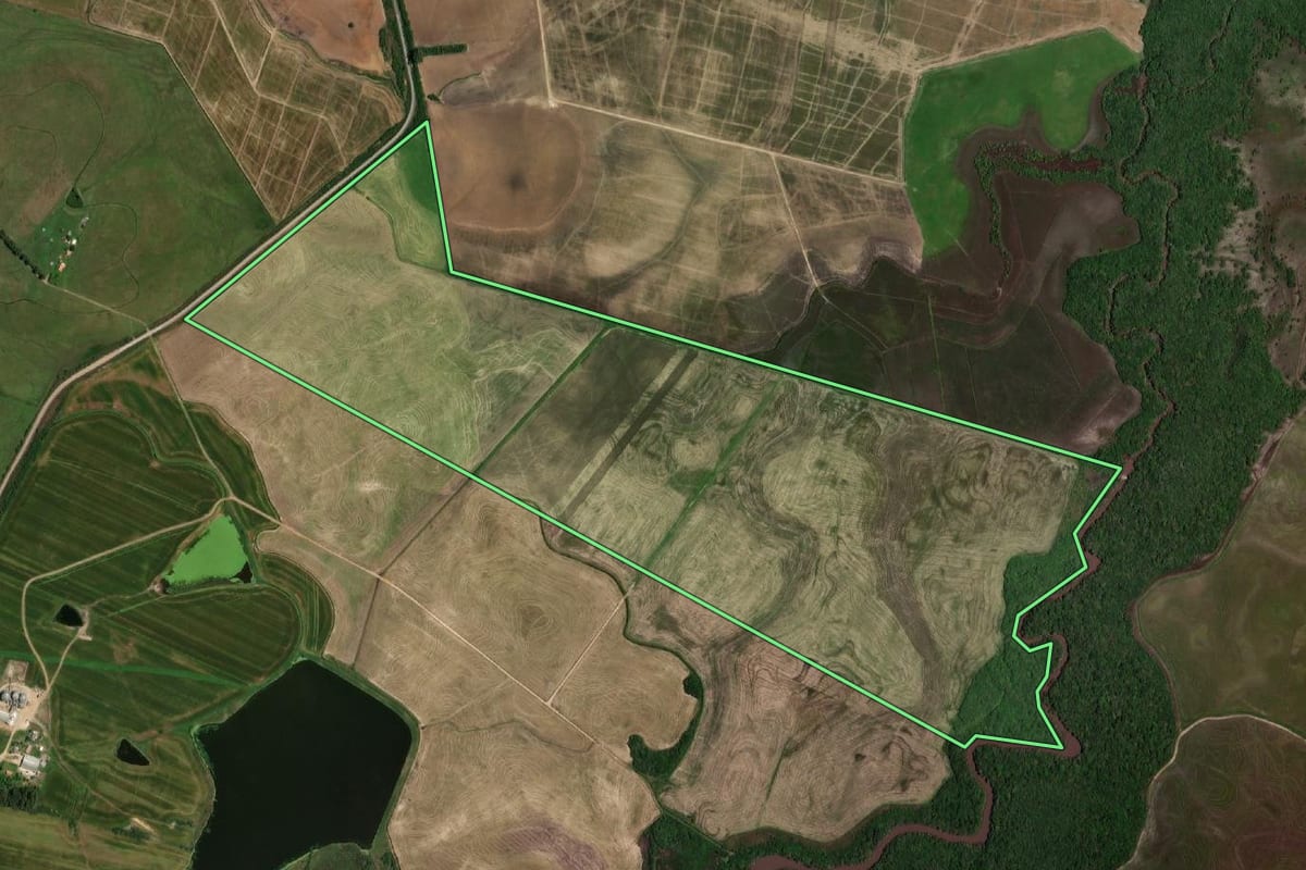 Imagem de satélite do imóvel rural em Dom Pedrito (RS), com o contorno declarado no CAR desenhado por cima.