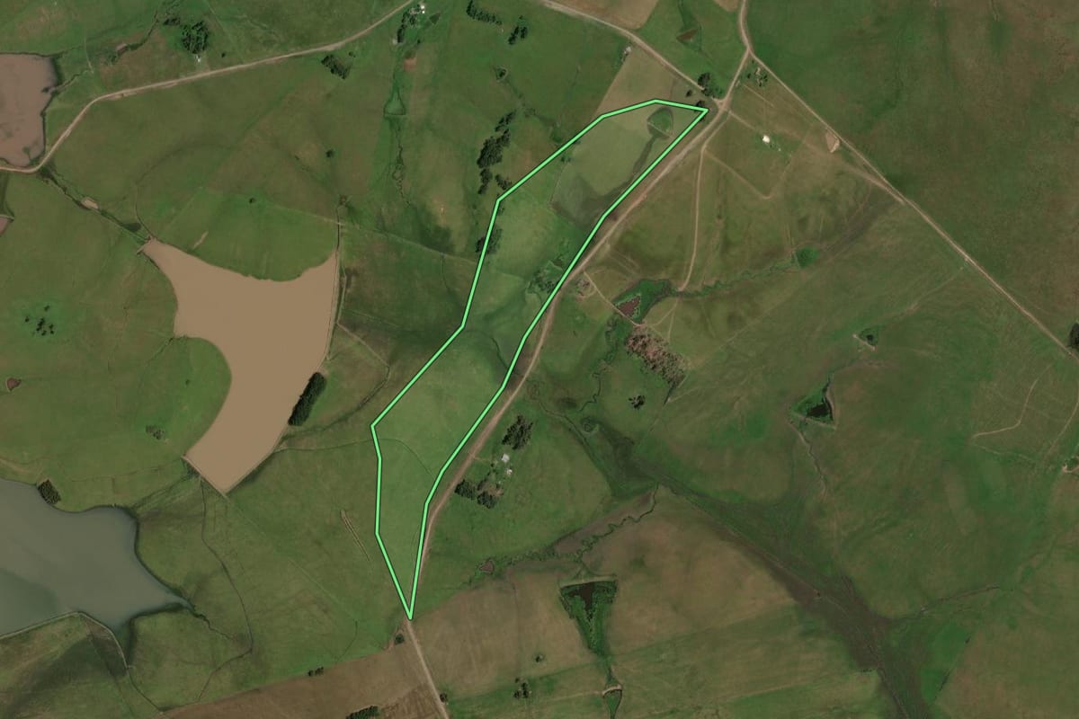 Imagem de satélite do imóvel rural em Dom Pedrito (RS), com o contorno declarado no CAR desenhado por cima.