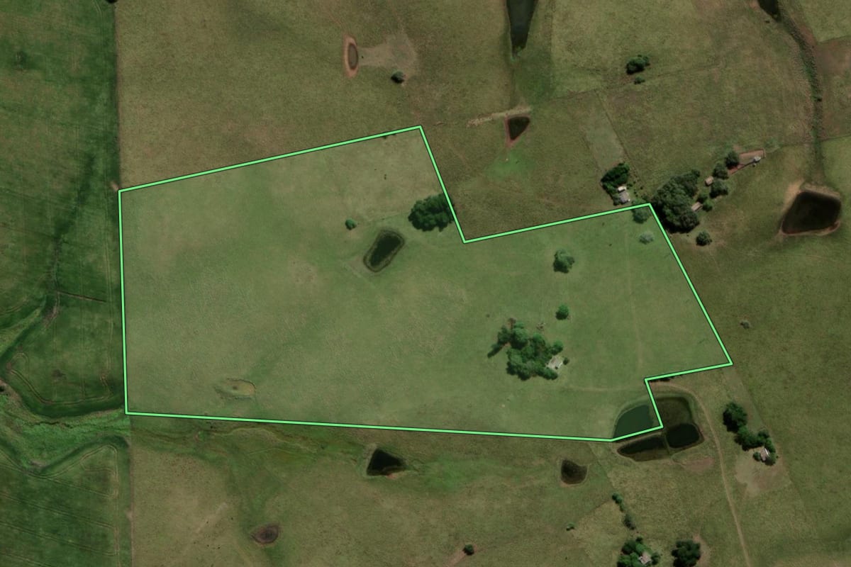 Imagem de satélite do imóvel rural em Dom Pedrito (RS), com o contorno declarado no CAR desenhado por cima.