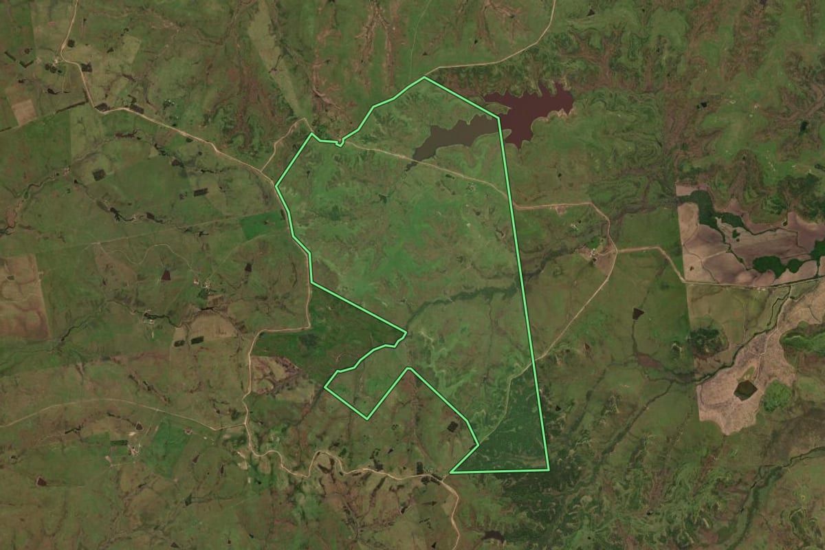 Imagem de satélite do imóvel rural em Dom Pedrito (RS), com o contorno declarado no CAR desenhado por cima.